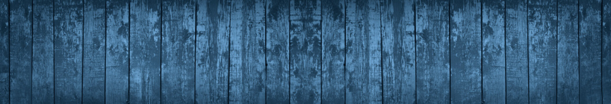 Dark blue grunge background. Long banner with vintage wood texture. Navy blue old wooden background.