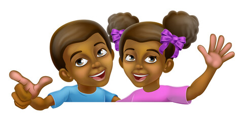 Young black little girl and boy kids children cartoon characters peeking over a background sign pointing and waving.