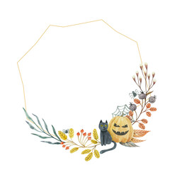 Halloween holiday wreath. Hand drawn watercolor illustration. Will decorate your holiday, suitable for postcards, posters, invitations.