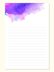 Notes, To Do list, daily planner, blank sheets lined paper, binder design vector notebook template concept,  isolated background. Watercolor, ink hand painted header with brush strokes, stains, splash