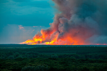 Strong forest fire near the Don River in Russia. Photo from the mountain nearby.
