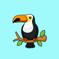 Toucan tropical forest bird perched on a tree branch simple cute outline vector illustration. exotic wildlife character mascot design