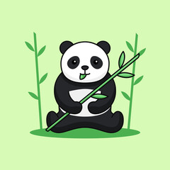 Cute panda sit eat leaf and holding bamboo stem on forest background simple outline vector illustration. asian animal character mascot design.