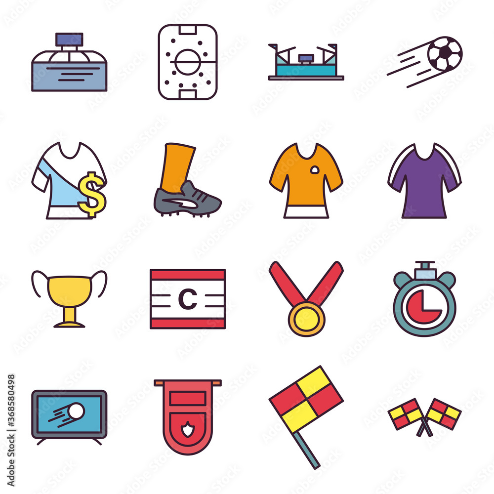 Poster soccer line and fill style icon set vector design