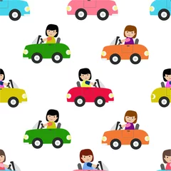 Meubelstickers Autorace Illustratie Vectorafbeelding van meisje rijdende auto naadloze patroon