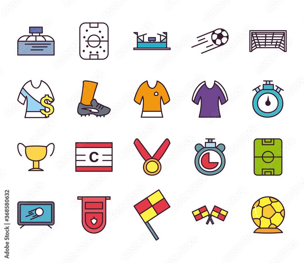 Poster soccer line and fill style icon set vector design