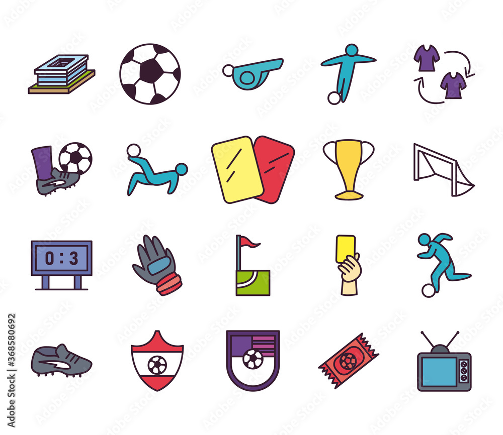 Poster soccer line and fill style icon set vector design