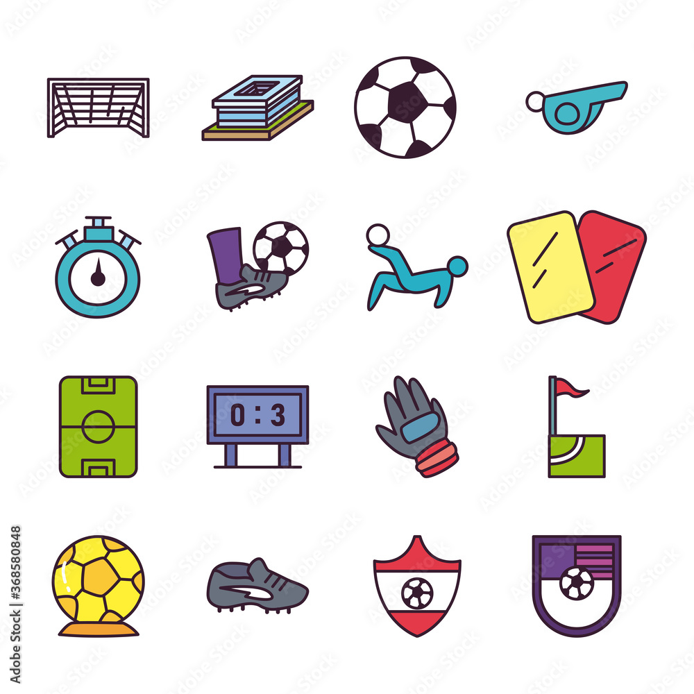 Poster soccer line and fill style icon set vector design