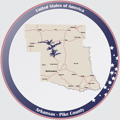 Round button with detailed map of Pike County in Arkansas, USA.
