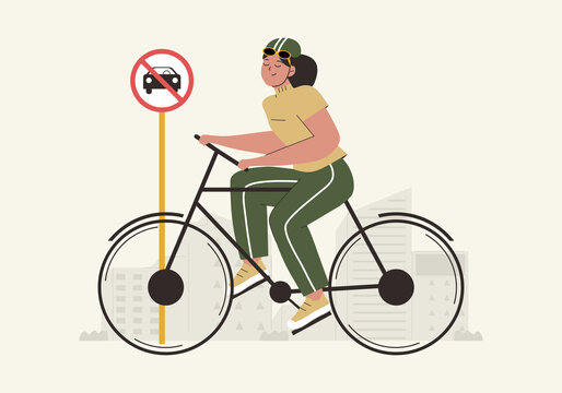 Hand drawn World car free day background with women using bicycle and no car sign flat vector illustration. World environment day concept. Eco friendly transportation