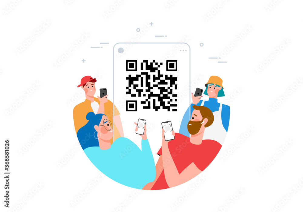 Wall mural qr code scanning concept with people scan code using smartphone for payment flat vector illustration