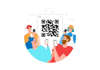 Qr code scanning concept with people scan code using smartphone for payment flat vector illustration. Hand with pnone and scanning barcode - obrazy, fototapety, plakaty