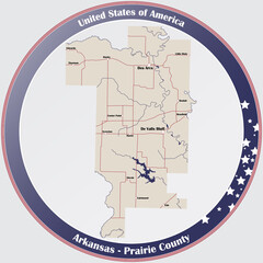 Round button with detailed map of Prairie County in Arkansas, USA.