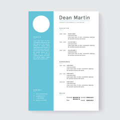 Minimalist cv template design with blue and white colour.