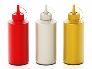 Ketchup, mayonnaise and mustard bottles isolated on white background. 3D illustration