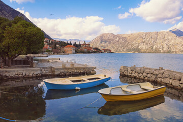 Beautiful winter Mediterranean landscape. Montenegro, Adriatic Sea. View of  Kotor Bay and ancient Prcanj town