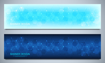 Banner design templates and headers for site with molecular structures background and chemical engineering. Science, medicine and innovation technology concept.