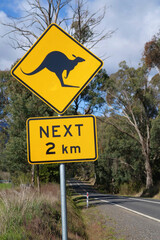 Kangaroo road sign warning that kangaroos might be on the road for the next 2 klms.