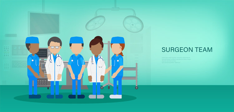Surgeon team banner with surgeon team in surgery room flat design vector illustration