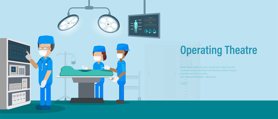 Operating theatre banner with surgeon team in surgery room flat design vector illustration