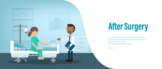 After surgery banner with doctor and surgery patient in room flat design vector illustration