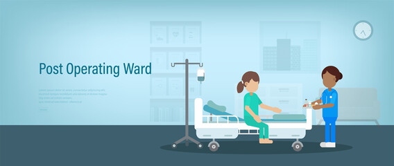 Post operating ward banner with nurse and recovery patient in room flat design vector illustration