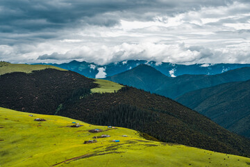 The green meadows on mountains in Kazila mountain, in Tibet, China, on a cloudy day, summer time.