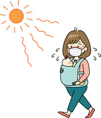 炎天下マスクをして外出するお母さんと赤ちゃん（熱中症の危険）