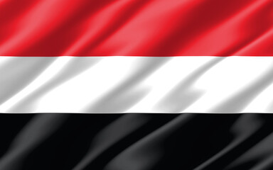 Silk wavy flag of Yemen graphic. Wavy Yemeni flag 3D illustration. Rippled Yemen country flag is a symbol of freedom, patriotism and independence.