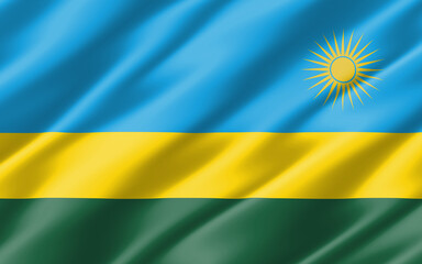 Silk wavy flag of Rwanda graphic. Wavy Rwandan flag 3D illustration. Rippled Rwanda country flag is a symbol of freedom, patriotism and independence.