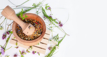 Alternative herb medicine. Herbal medicine and homeopathy concept.Top view, flat lay on white background.herbal tea thyme. view from above.thyme on a white background