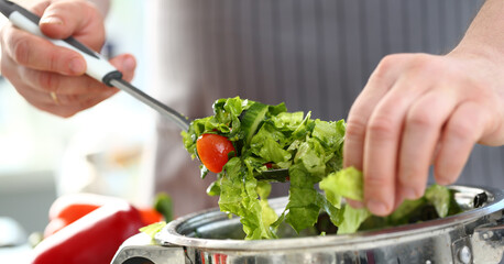 Chef Hands Cooking Dieting Lettuce Vegetable Salad. Man Mixing Tomato and Cucumber Ingredient in Saucepan with Kitchen Spoon. Dieting Home Culinary. Fresh Delicious Dish Horizontal Photography