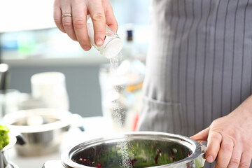 Chef Fingers Putting Saucepan White Sea Salt. Man in Apron Cooking Dish and Adding Spice to Pan. Healthy Culinary Recipe. Preparing Food in Kitchen Home. Stainless Kitchenware Horizontal Photography
