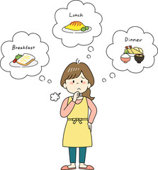 三食の献立に悩むエプロン姿の主婦