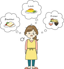 三食の献立を考える事に絶望するエプロン姿の主婦