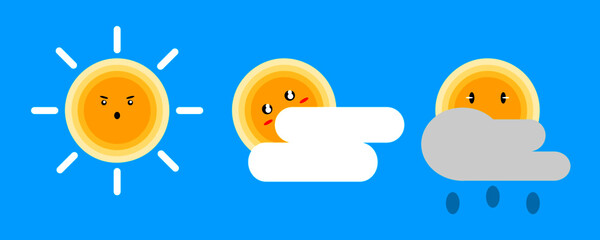 Concept set cute weather forecast sunny, cloudy and overcast with rain flat icon vector.