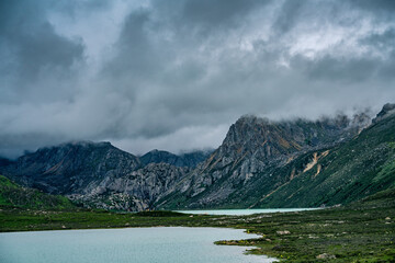 The Twin lake in Tibet, China, on a cloudy day, summer time.