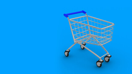 Cart. Empty market cart. Blue background. 3D. 3D rendering. Isolate market cart.