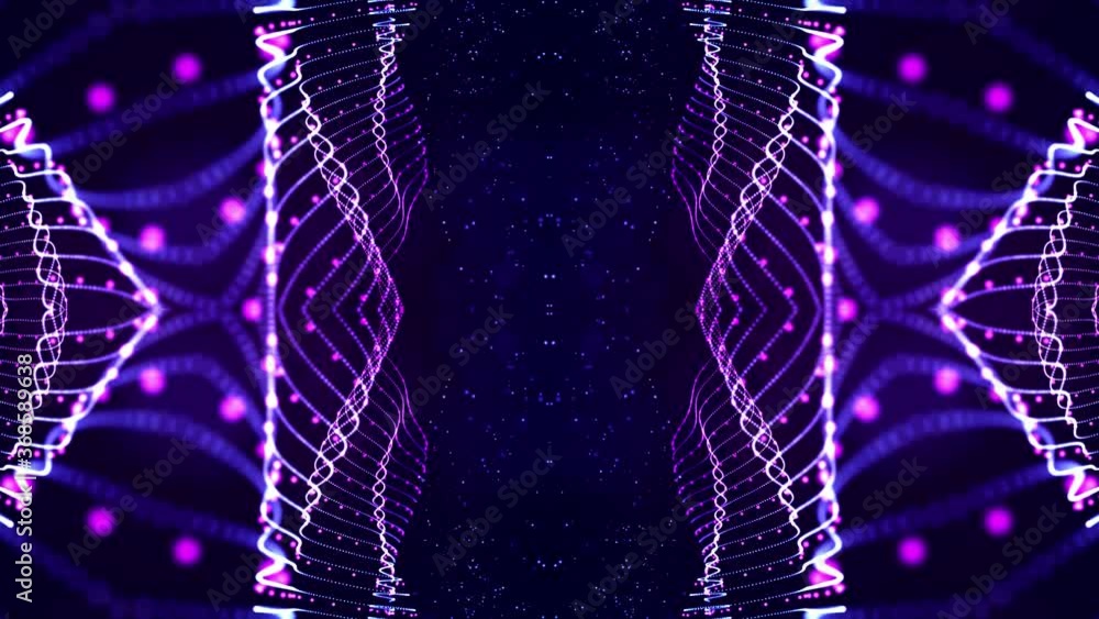 Poster 4k looped sci-fi 3d abstract animation. glow blue particles form lines, symmetrical structures like 