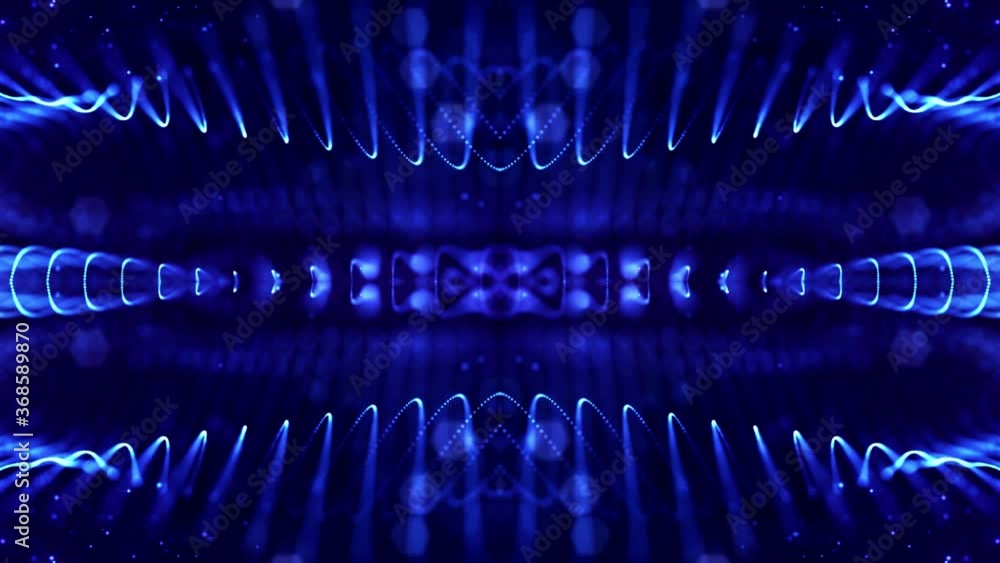Poster 4k looped sci-fi 3d abstract animation. glow blue particles form lines, symmetrical structures like 