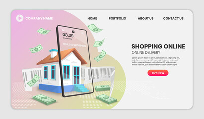 Shopping online with house concept. Online delivery service.3d vector illustration.