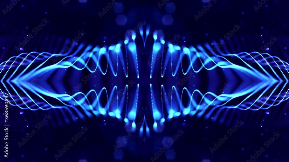 Poster 4k looped sci-fi 3d abstract animation. glow blue particles form lines, symmetrical structures like 