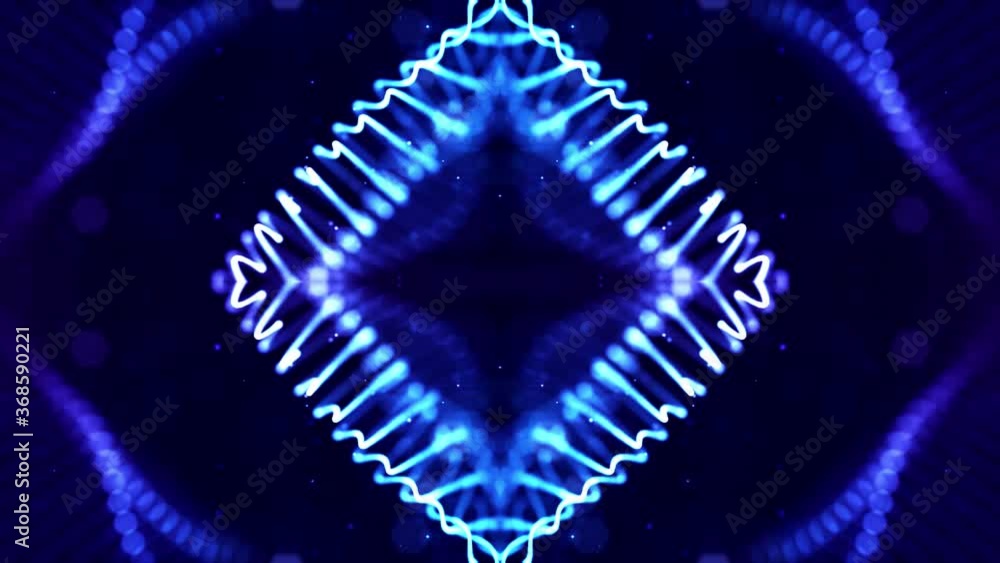 Poster 4k looped sci-fi 3d abstract animation. glow blue particles form lines, symmetrical structures like 