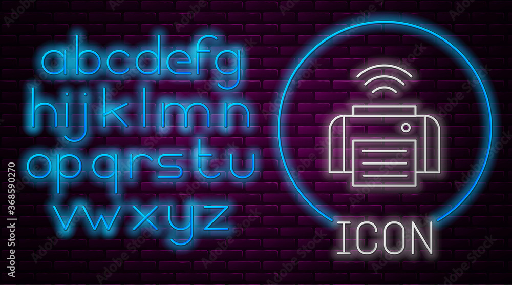Fototapete glowing neon line smart printer system icon isolated on brick wall background. internet of things co
