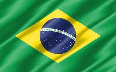 Silk wavy flag of Brazil graphic. Wavy Brazilian flag 3D illustration. Rippled Brazil country flag is a symbol of freedom, patriotism and independence.