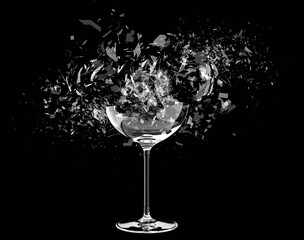 3d render Breaking wine glass on black