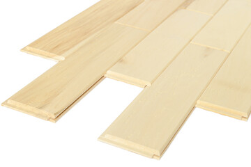 Light wooden surface made of short boards. Diagonal view from the side.