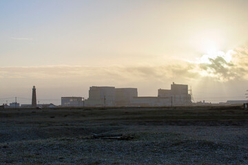 Dungeness Nuclear Power Station taken from the shingle beach at dusk - is located on the Dungeness...