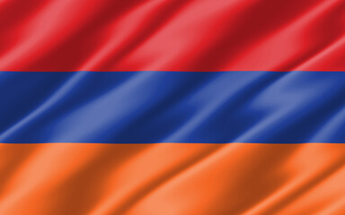 Fototapeta premium Silk wavy flag of Armenia graphic. Wavy Armenian flag 3D illustration. Rippled Armenia country flag is a symbol of freedom, patriotism and independence.
