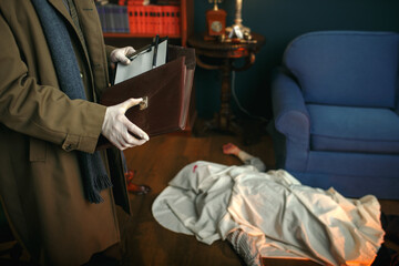 Obraz premium Detective holds notebook, crime scene, retro style